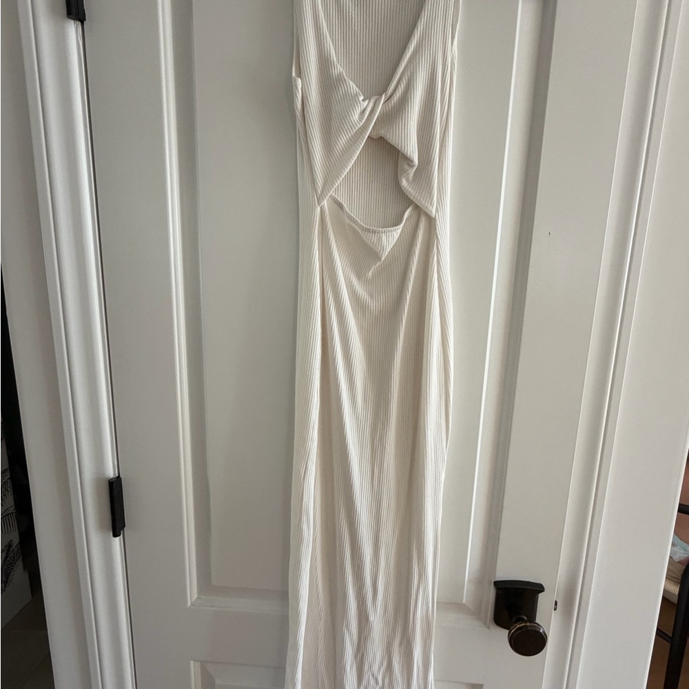 l*space Cream Ribbed Twist-Front Midi Dress